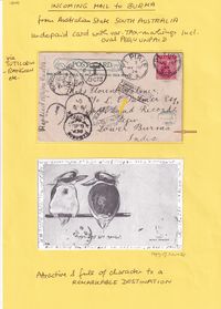 SOUTH AUSTRALIA to BURMA Underpaid/ Various taxation markings (full of character)
