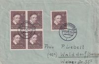 BRD 1951-12-07 Mi-Nr 143 4er Block plus Einzel als portogerechter Brief aus Hannover (Beförderungsspuren)