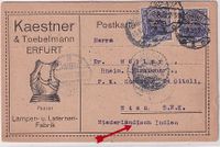 1920-09-01 DR nach NL-Indien - Werbe-Karte der Fa. K&amp;T Erfurt Lampenfabrik frankiert mit 20Pf (Perfin) nach Nias via Medan - seltene Destination - Bedarf - - &euro;29,95