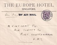 1926-08-21 SINGAPORE-SWETTENHAM - H-S BY AIR MAIL - very few carried (THE EUROPE HOTEL Env.)