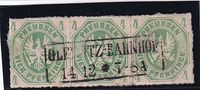 1861 Preussen 4 Pfennige im waagerechten 3-er-Streifen - durchstochen mit zentrisch aufgesetztem Rahmenstempel GLEIWITZ-BAHNHOF auf Briefstück Prachtstreifen €65,-